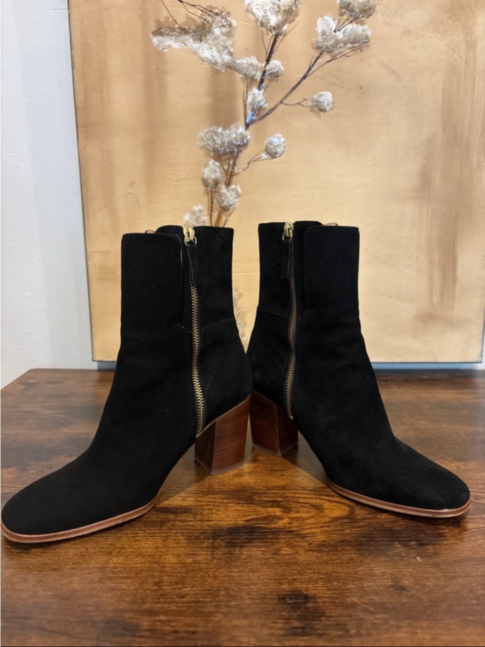 Free People Black Suede Ankle Booties with Wood Block Heel